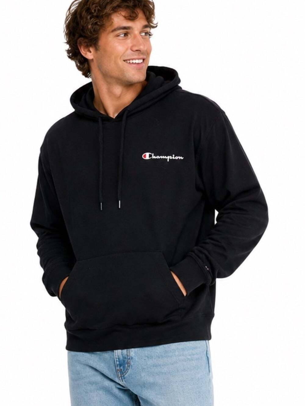 Champion Black Hooded Long Sleeve T-Shirt Mens Large Kangaroo Pocket Casual